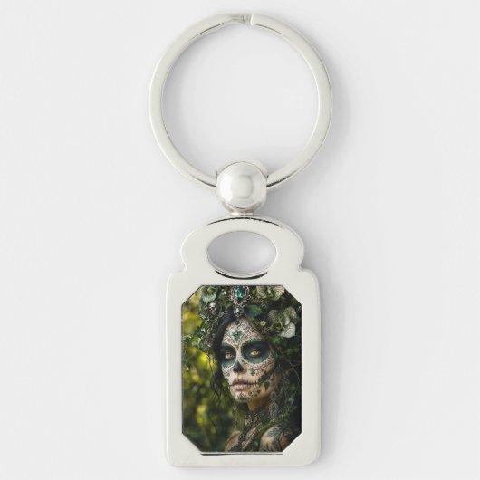 Smaragden Woud Calavera – Groene Botanische Sleutelhanger (Voorkant)