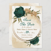 Smaragdgroen beige goud botanisch save the date (Voorkant / Achterkant)
