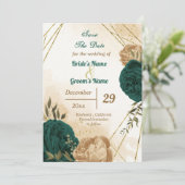 Smaragdgroen beige goud botanisch save the date (Staand voorkant)