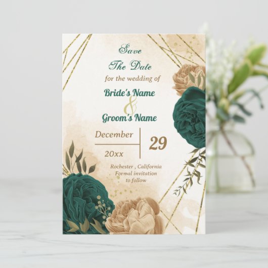 Smaragdgroen beige goud botanisch save the date (Staand voorkant)