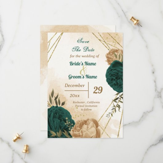 Smaragdgroen beige goud botanisch save the date (Voorkant / Achterkant in situ)