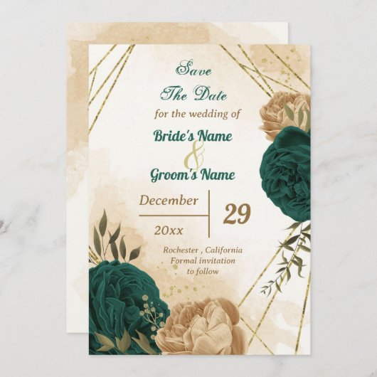 Smaragdgroen beige goud botanisch save the date (Voorkant / Achterkant)