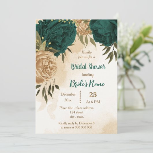 Smaragdgroen beige goud botanisch vrijgezellenfees kaart (Staand voorkant)