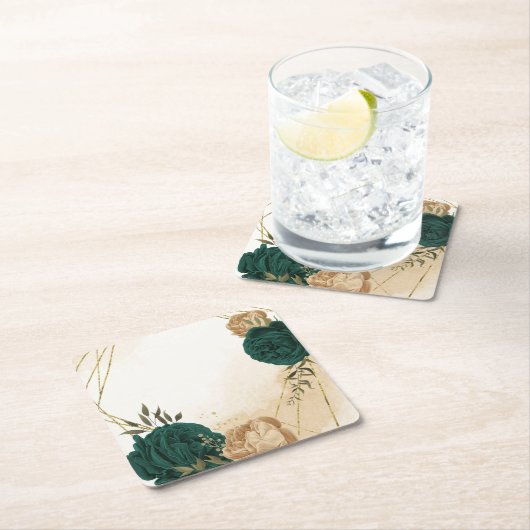 Smaragdgroen beige goud botanische bruiloft kartonnen onderzetters (Insitu)