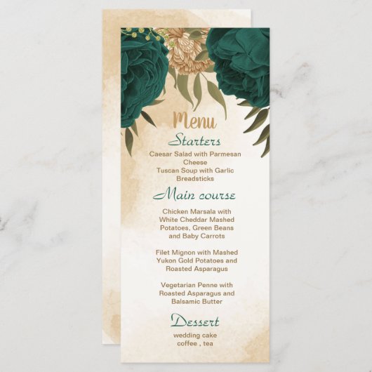 Smaragdgroen beige goud botanische bruiloft menu (Voorkant / Achterkant)
