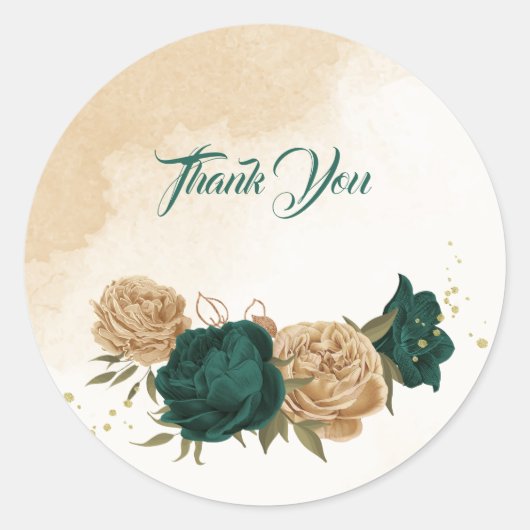 Smaragdgroen beige goud botanische bruiloft ronde sticker (Voorkant)