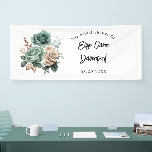 Smaragdgroen Beige Pioen Bloemen Vrijgezellenfeest Spandoek (Beurs)