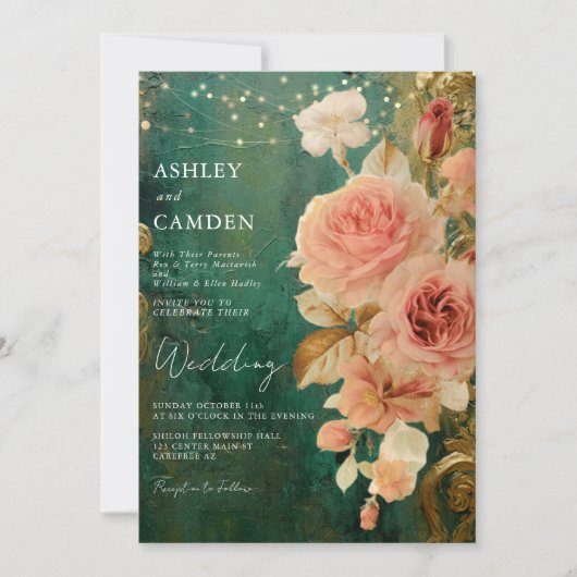 Smaragdgroen Bloemen Bruiloft Uitnodiging (Voorkant)