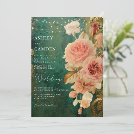 Smaragdgroen Bloemen Bruiloft Uitnodiging (Staand voorkant)