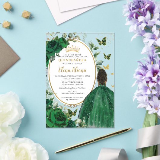 Smaragdgroen Bloemen Bruin Prinses Quinceañera Acryl Uitnodigingen (Insitu (Huwelijk))