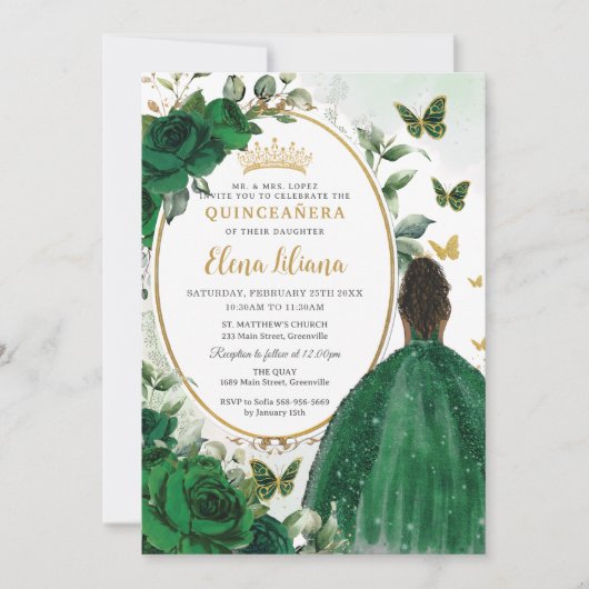 Smaragdgroen Bloemen Bruin Prinses Quinceañera Kaart (Voorkant)