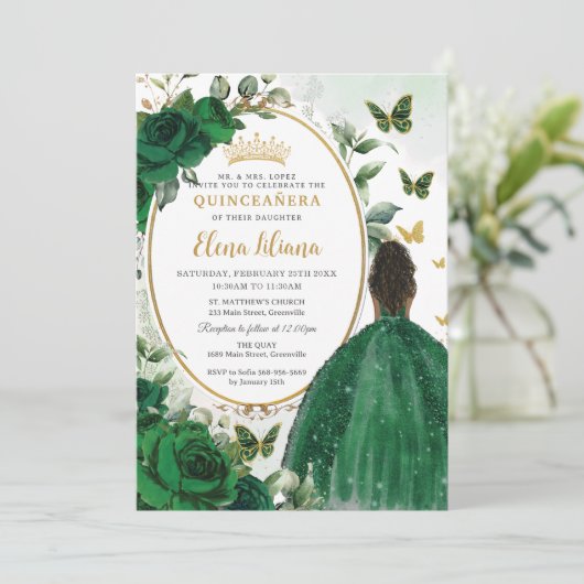Smaragdgroen Bloemen Bruin Prinses Quinceañera Kaart (Staand voorkant)