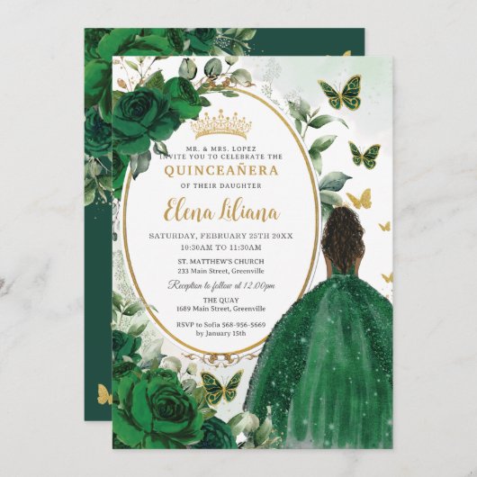 Smaragdgroen Bloemen Bruin Prinses Quinceañera Kaart (Voorkant / Achterkant)