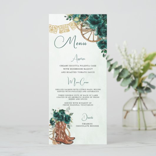Smaragdgroen Bloemen Charro Quinceañera XV Menu (Staand voorkant)