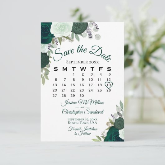 Smaragdgroen Bloemen Elegante Boho Trouwkalender Save The Date (Staand voorkant)
