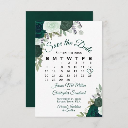 Smaragdgroen Bloemen Elegante Boho Trouwkalender Save The Date (Voorkant / Achterkant)