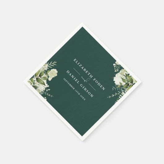 Smaragdgroen Bloemen Elegante Namen Datum Servet (Hoek)