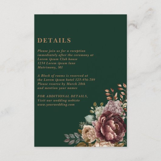 Smaragdgroen Bloemen Goud Bruiloft Details Informatiekaartje (Voorkant)