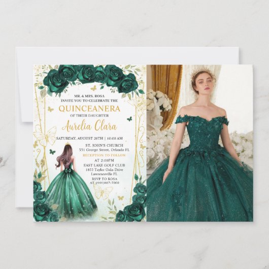 Smaragdgroen Bloemen Prinses Quinceañera Foto Kaart (Voorkant)