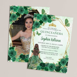 Smaragdgroen Bloemen Prinses Quinceañera Foto Kaart