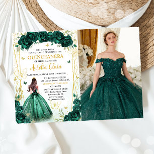 Smaragdgroen Bloemen Prinses Quinceañera Foto Kaart