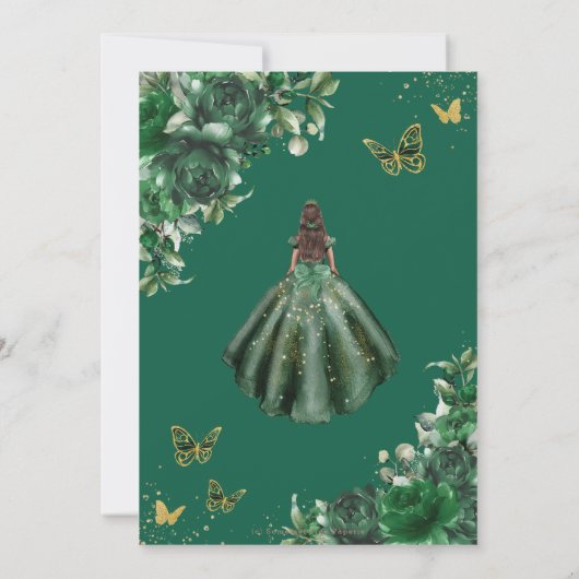 Smaragdgroen Bloemen Quinceañera Bruin Prinses Bedankkaart (Achterkant)