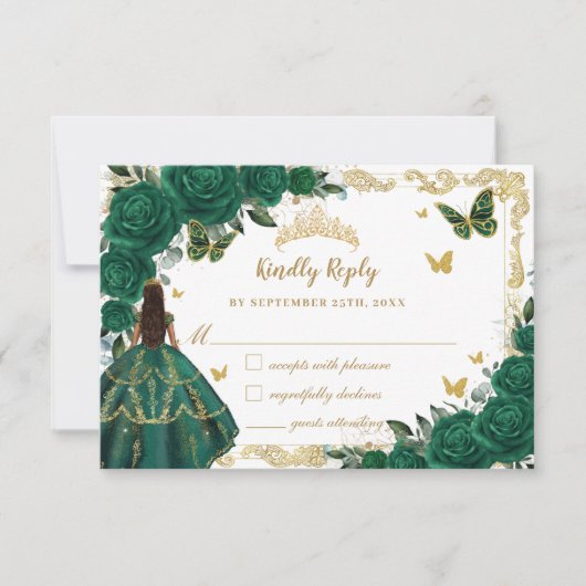 Smaragdgroen Bloemen Quinceañera Bruin Prinses RSVP Kaartje (Voorkant)