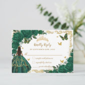 Smaragdgroen Bloemen Quinceañera Bruin Prinses RSVP Kaartje (Staand voorkant)