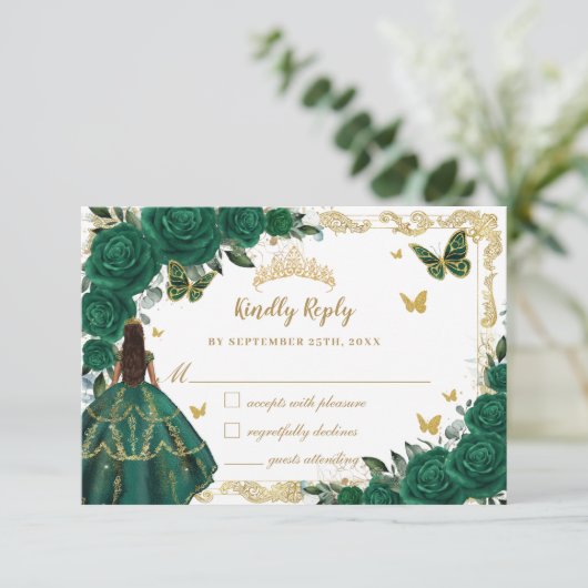Smaragdgroen Bloemen Quinceañera Bruin Prinses RSVP Kaartje (Staand voorkant)
