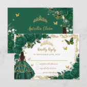 Smaragdgroen Bloemen Quinceañera Bruin Prinses RSVP Kaartje (Voorkant / Achterkant)