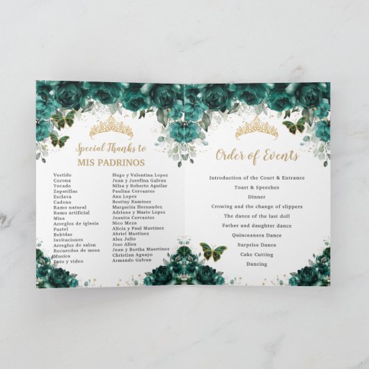 Smaragdgroen Bloemen Quinceanera Foto Padrinos Programma (Binnen)