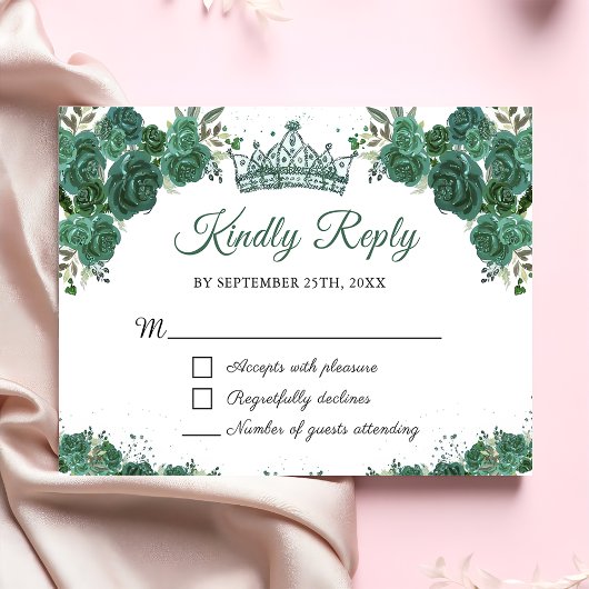 Smaragdgroen Bloemen Quinceañera RSVP-kaart RSVP Kaartje