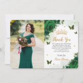 Smaragdgroen Bloemen Quinceañera Sweet 16 Foto Bedankkaart (Voorkant)