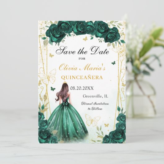 Smaragdgroen Bloemen Quinceanera Sweet 16 Save The Date (Staand voorkant)