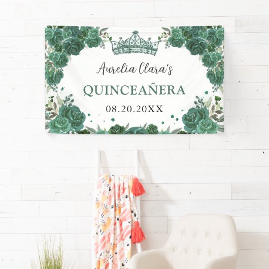 Smaragdgroen Bloemen Welkom Quinceañera Achtergron Spandoek (Insitu)