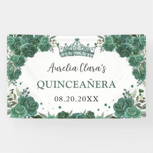 Smaragdgroen Bloemen Welkom Quinceañera Achtergron Spandoek (Horizontaal)