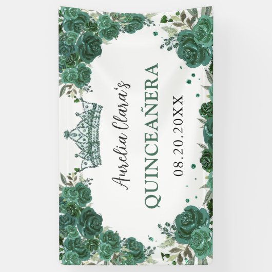 Smaragdgroen Bloemen Welkom Quinceañera Achtergron Spandoek (Verticaal)