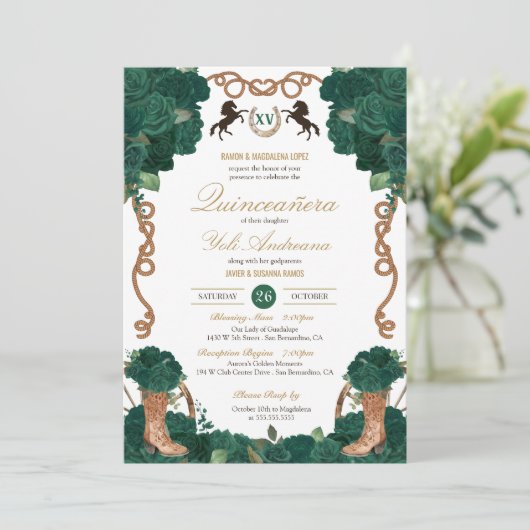 Smaragdgroen Bloemen Western Charra Quinceanera Kaart (Staand voorkant)