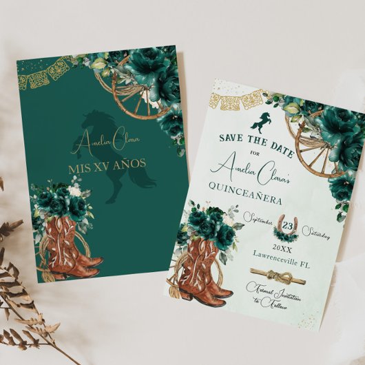 Smaragdgroen Bloemen Wild West Charro Quinceañera Save The Date