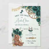 Smaragdgroen Bloemen Wild West Charro Quinceañera Save The Date (Voorkant)