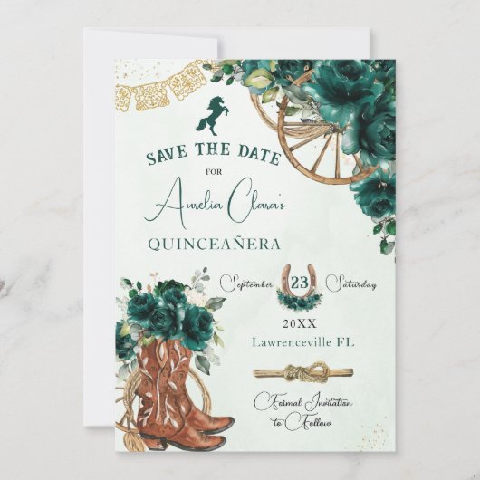 Smaragdgroen Bloemen Wild West Charro Quinceañera Save The Date (Voorkant)
