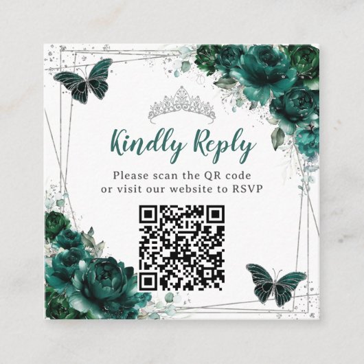 Smaragdgroen Bloemen Zilver Quinceañera QR Code Informatiekaartje (Voorkant)