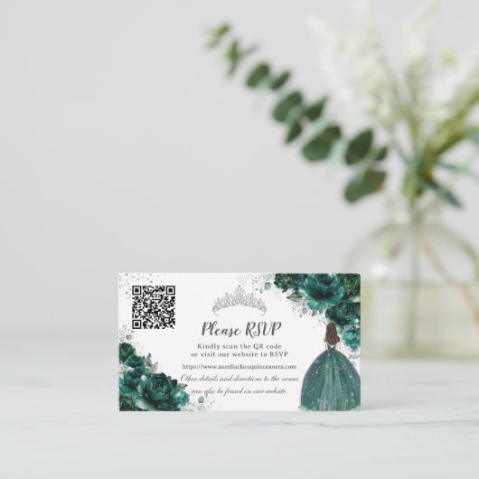 Smaragdgroen Bloemen Zilver Quinceañera QR Code Informatiekaartje (Staand voorkant)