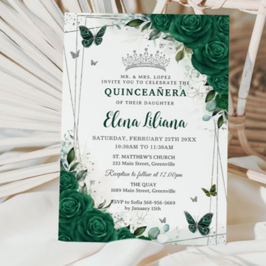 Smaragdgroen Bloemen Zilver Quinceañera Sweet 16 Kaart