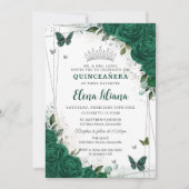 Smaragdgroen Bloemen Zilver Quinceañera Sweet 16 Kaart (Voorkant)