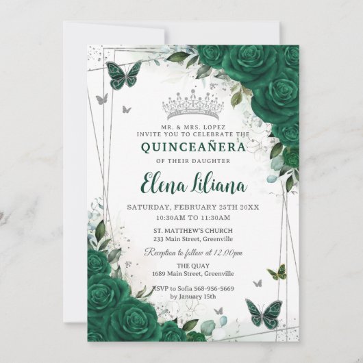 Smaragdgroen Bloemen Zilver Quinceañera Sweet 16 Kaart (Voorkant)