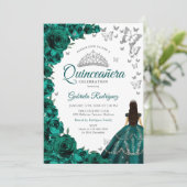 Smaragdgroen Bloemen Zilver Wit Quinceanera Kaart (Staand voorkant)