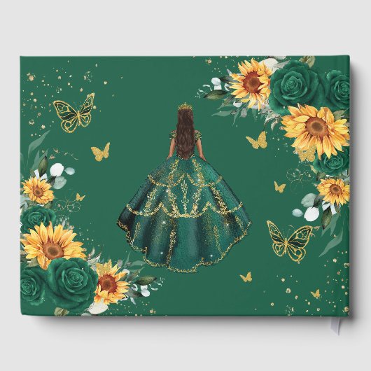Smaragdgroen Bloemen Zonnebloemen Goud Quinceañera Gastenboek (Achterkant)