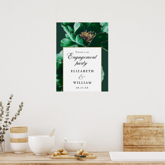 Smaragdgroen bloemensieraad verlovingsfeest welkom poster (Keuken)