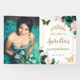 Smaragdgroen Blush Bloemen Quinceañera Achtergrond Spandoek